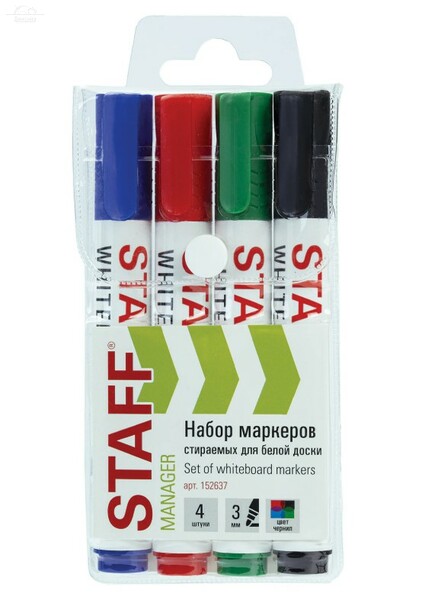 Маркеры стираемые для белой доски, НАБОР 4 ЦВЕТА, STAFF "MANAGER" WBM-300, 3 мм, с клипом Маркеры стираемые для белой доски, НАБОР 4 ЦВЕТА, STAFF "MANAGER" WBM-300, 3 мм, с клипом