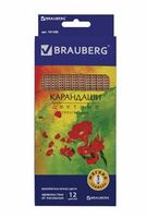 Карандаши цветные BRAUBERG "Цветы", набор 12 цветов, трехгранные, лакированное дерево