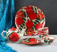 Набор чайный Гранат 9 предметов (чайник, пиалы-6шт, тарелка, ляган) Риштанская керамика